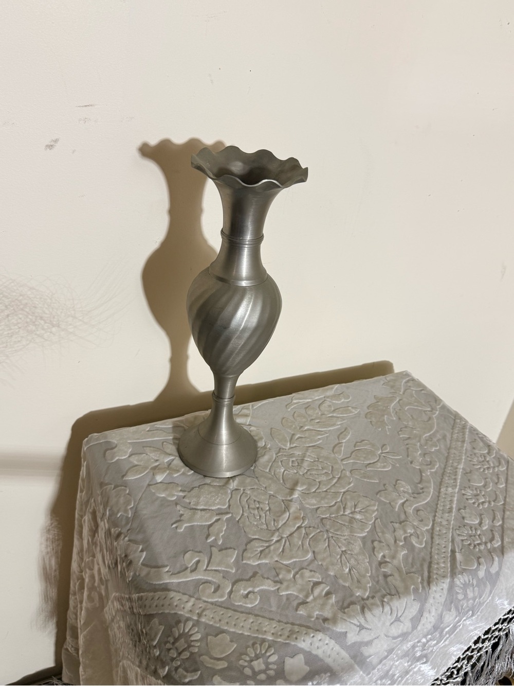 Brushed Silver Metal Decorative Vase - Wavy Rim Accent